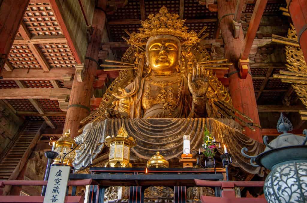 A statue of Kokuzo Boddhisattva at Todaiji Temple in Nara, Japan